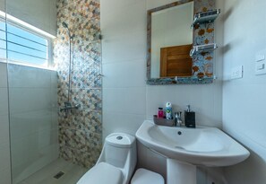 Shower, hair dryer, towels, soap