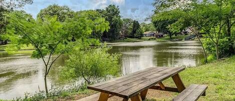 Een picknicktafel aan een meer, omringd door groen en huizen op de achtergrond.