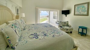 A bedroom with a large bed, a ceiling fan, a TV, a chair, and a view of the outdoors.