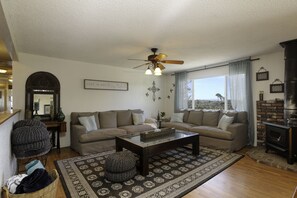 Smart TV, chimenea y libros 