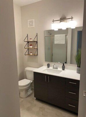 Shower, hair dryer, towels, soap