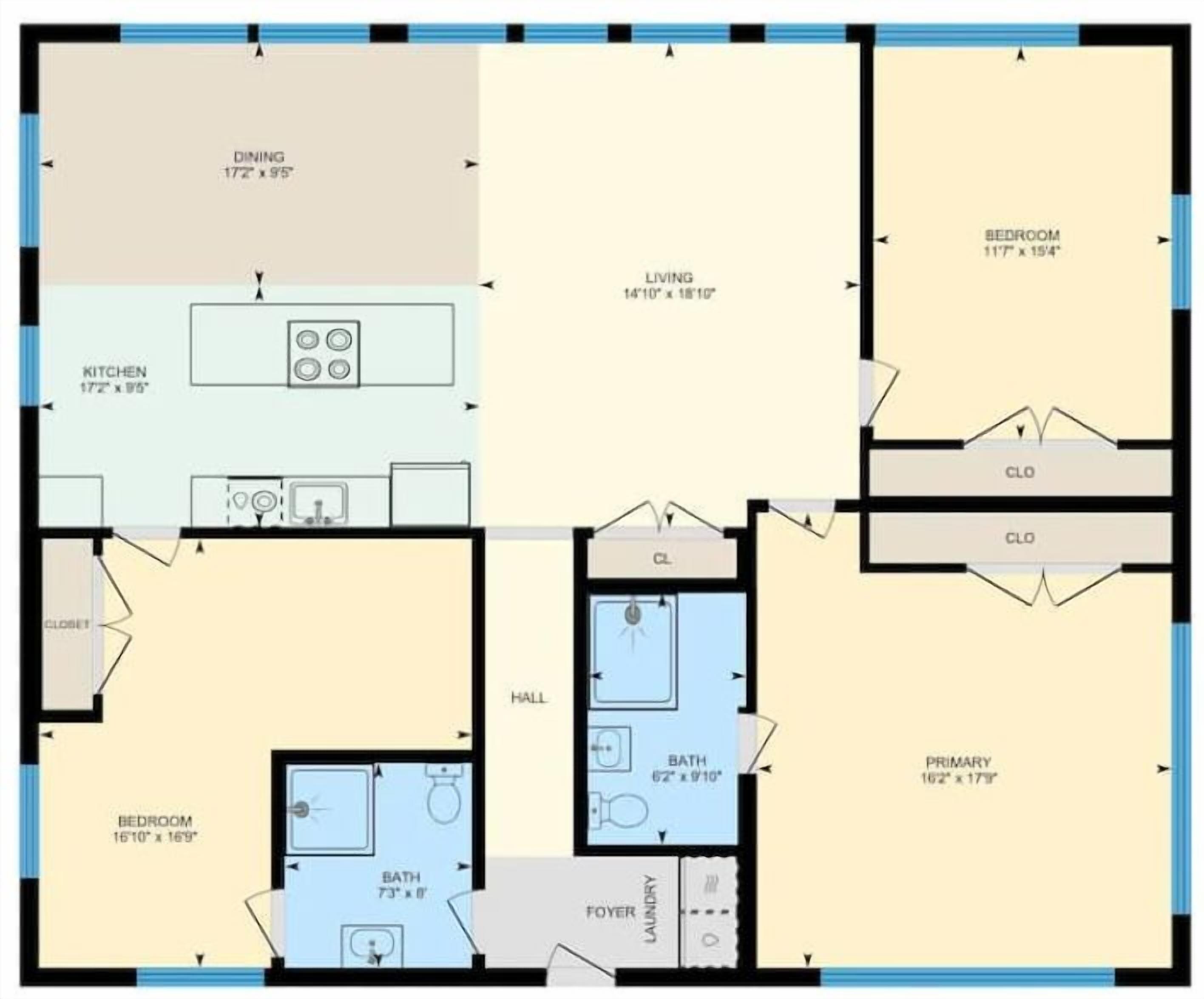 Un plan d’étage comprenant un espace repas, une cuisine, un salon, deux chambres, une salle de bain, un hall d’entrée et une pièce principale.