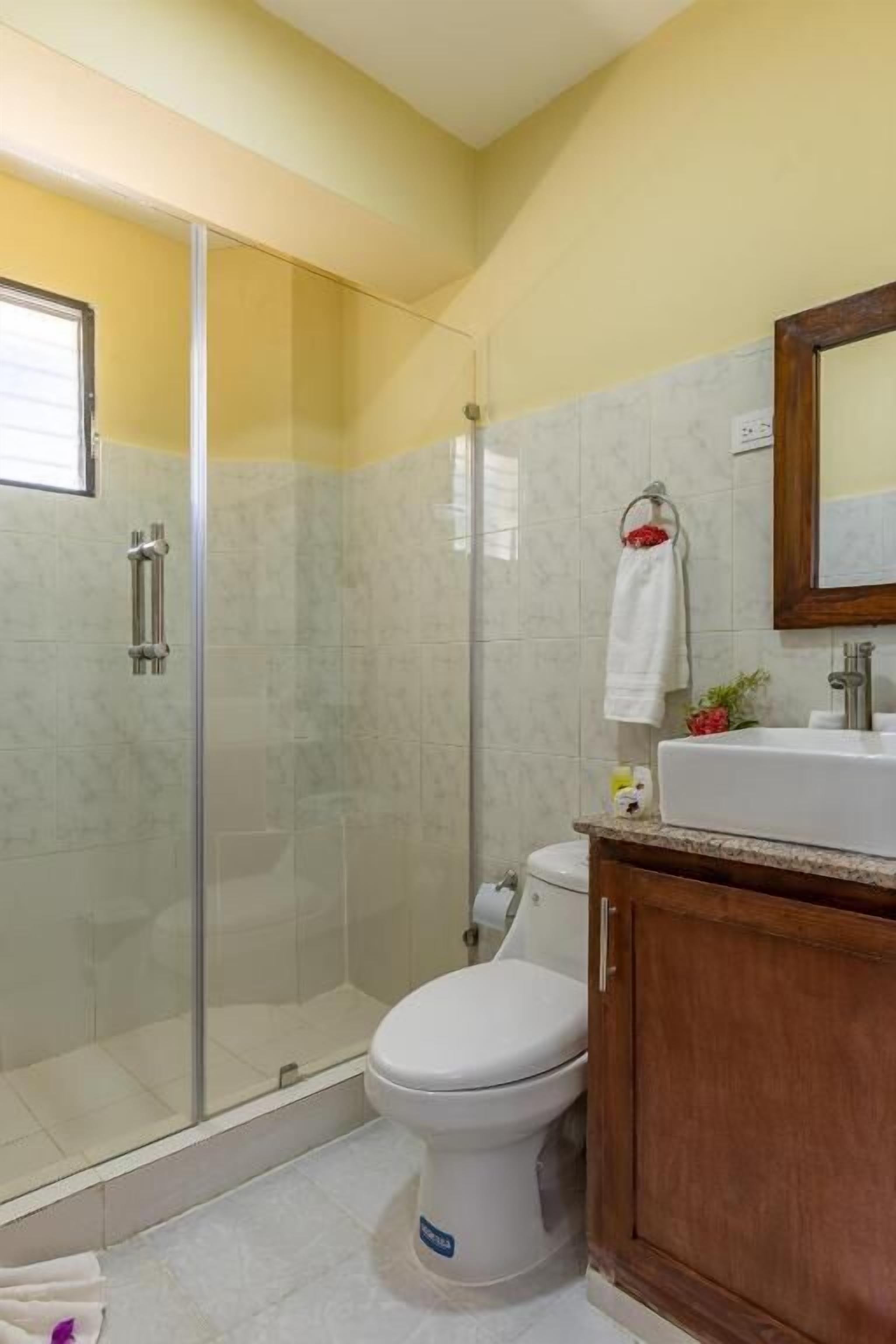 Une salle de bain avec une douche à parois de verre, des toilettes blanches et un meuble-lavabo en bois avec un miroir.