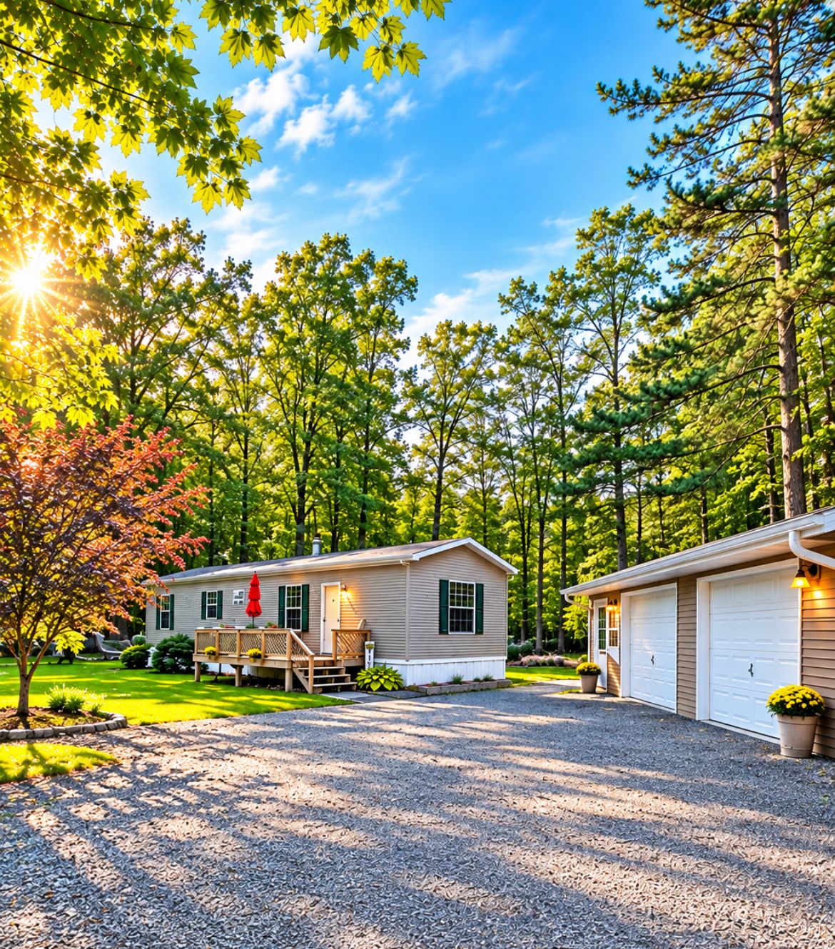 A two-story mobile home with a gravel driveway, surrounded by trees and a clear sky.