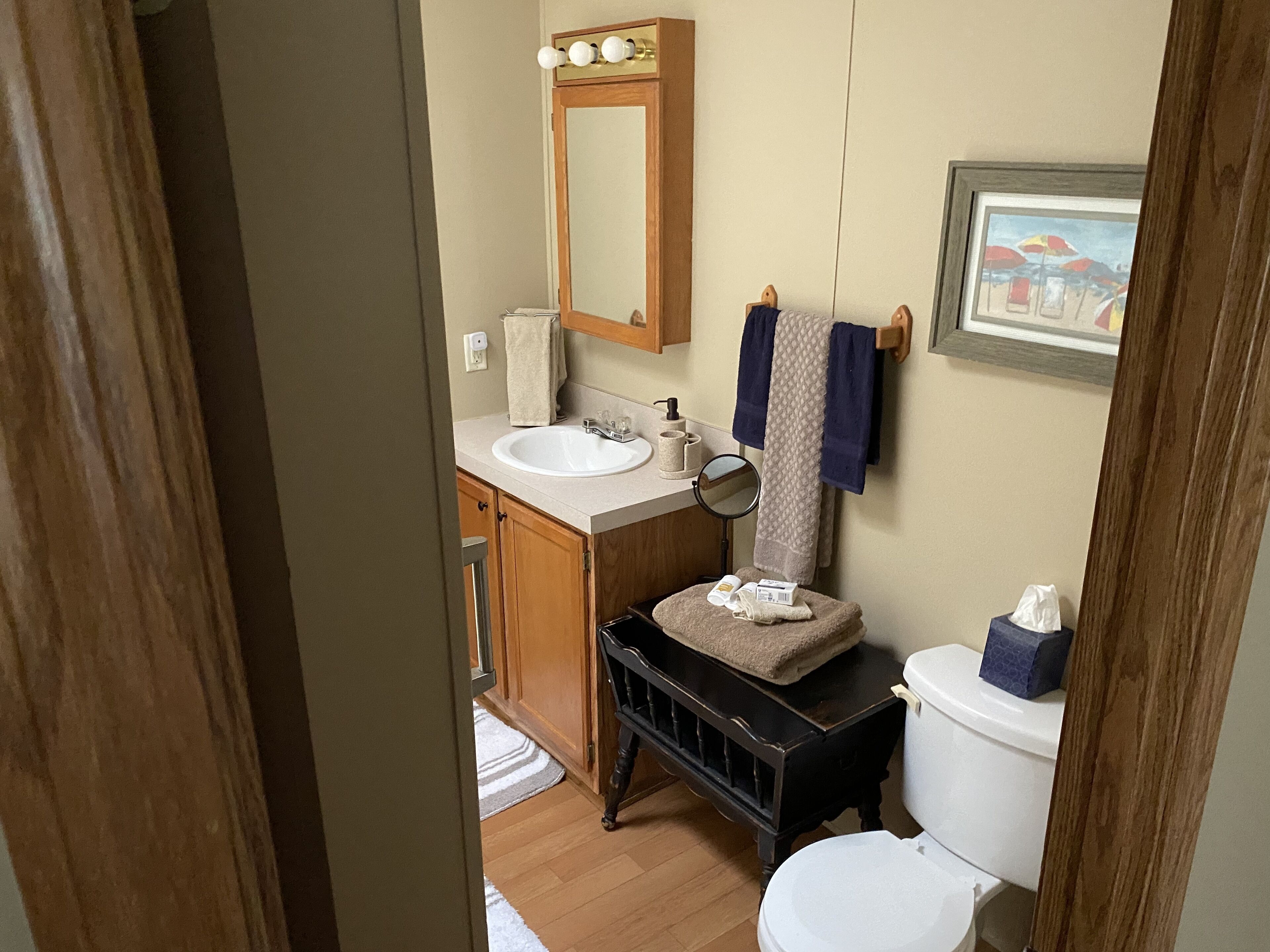 Combined shower/tub, hair dryer, towels, soap