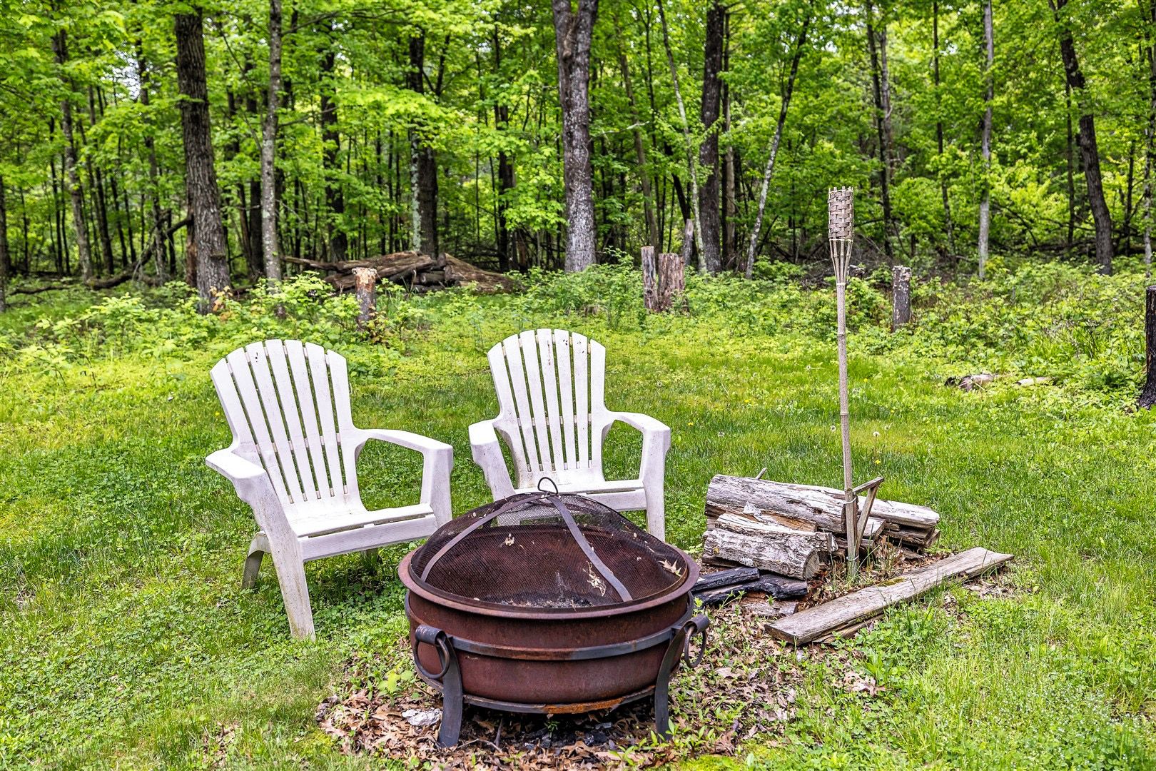 Two Adirondack chairs, a metal fire pit, and a log in a forested area.