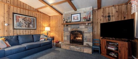 Smart TV, chimenea, libros y estéreo