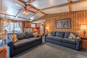 Smart-TV, Kamin, Bücher, Stereoanlage