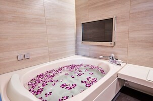 Combined shower/bathtub, hair dryer, bathrobes, slippers