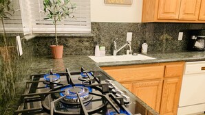 Una cocina con estufa a gas, un lavamanos, armarios de madera y una planta en maceta.