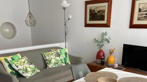Un salon avec un canapé gris, deux tableaux encadrés au mur, un téléviseur et une petite table sur laquelle se trouvent un vase et une bouteille.
