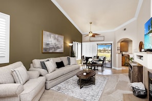 Smart TV, fireplace, DVD player, books