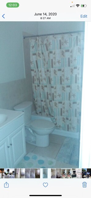 Bathroom features a toilet, sink, and shower area with a decorative shower curtain.