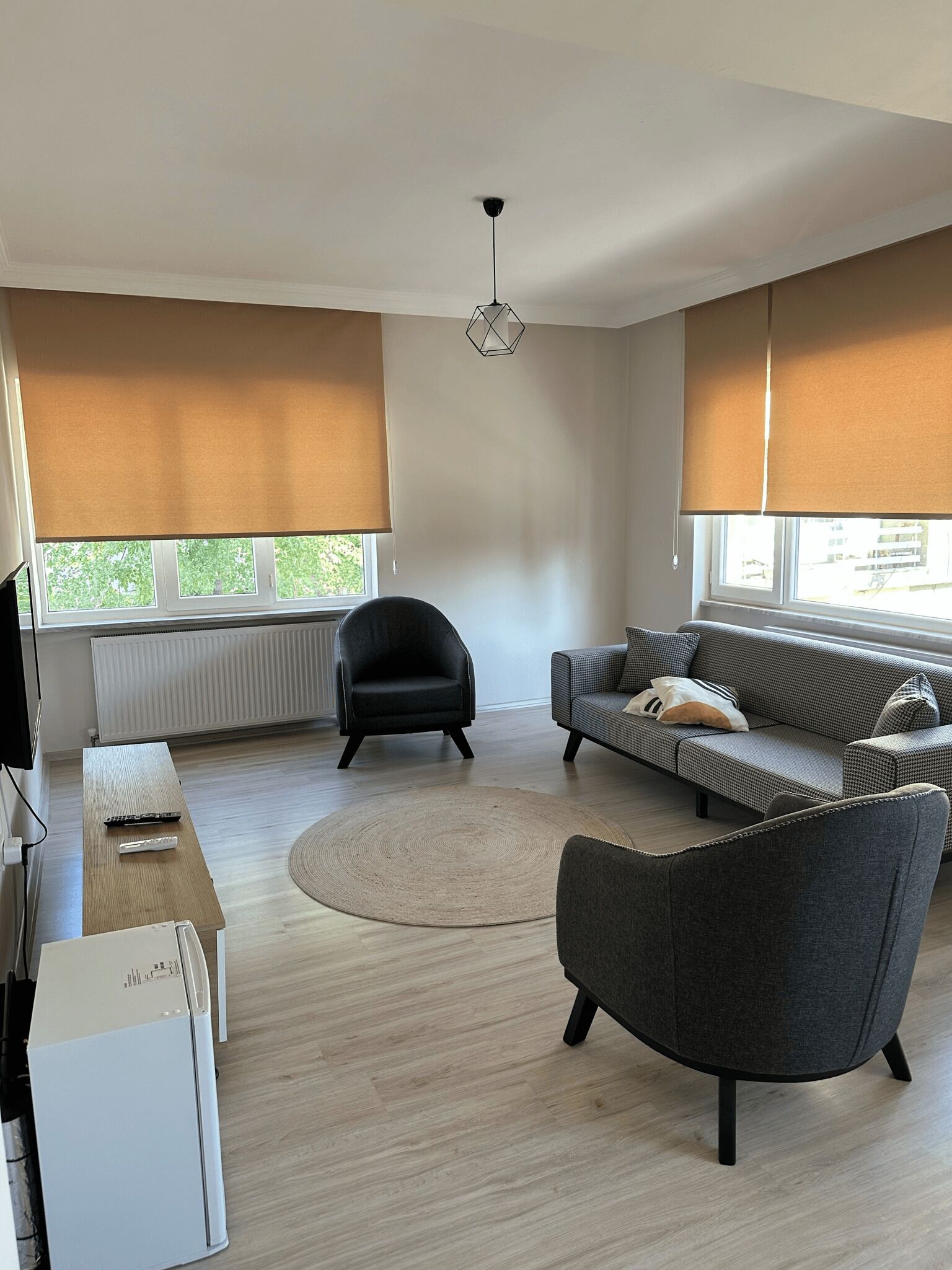 A modern living room with a sofa, armchair, and a coffee table. There is a radiator, a TV, and a window with blinds.