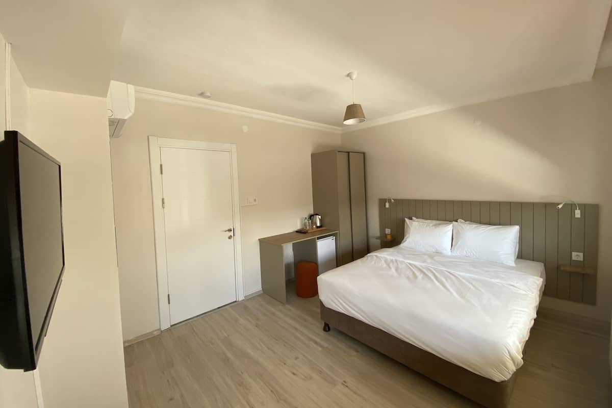 Un dormitorio con cama, armario, escritorio con silla, televisor y una lámpara en el techo.