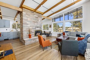 Smart TV, fireplace, table football, books