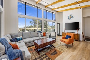 Smart TV, fireplace, table football, books