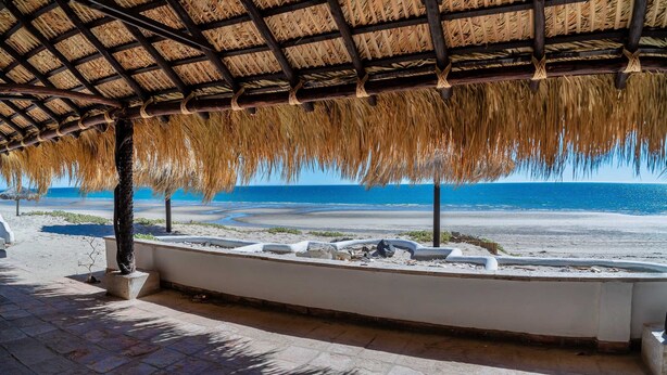 A beachside patio with a thatched roof, a white planter, and a view of the ocean. - La Rosa del Encanto Beachfront Ground Floor West (Playa Encanto)