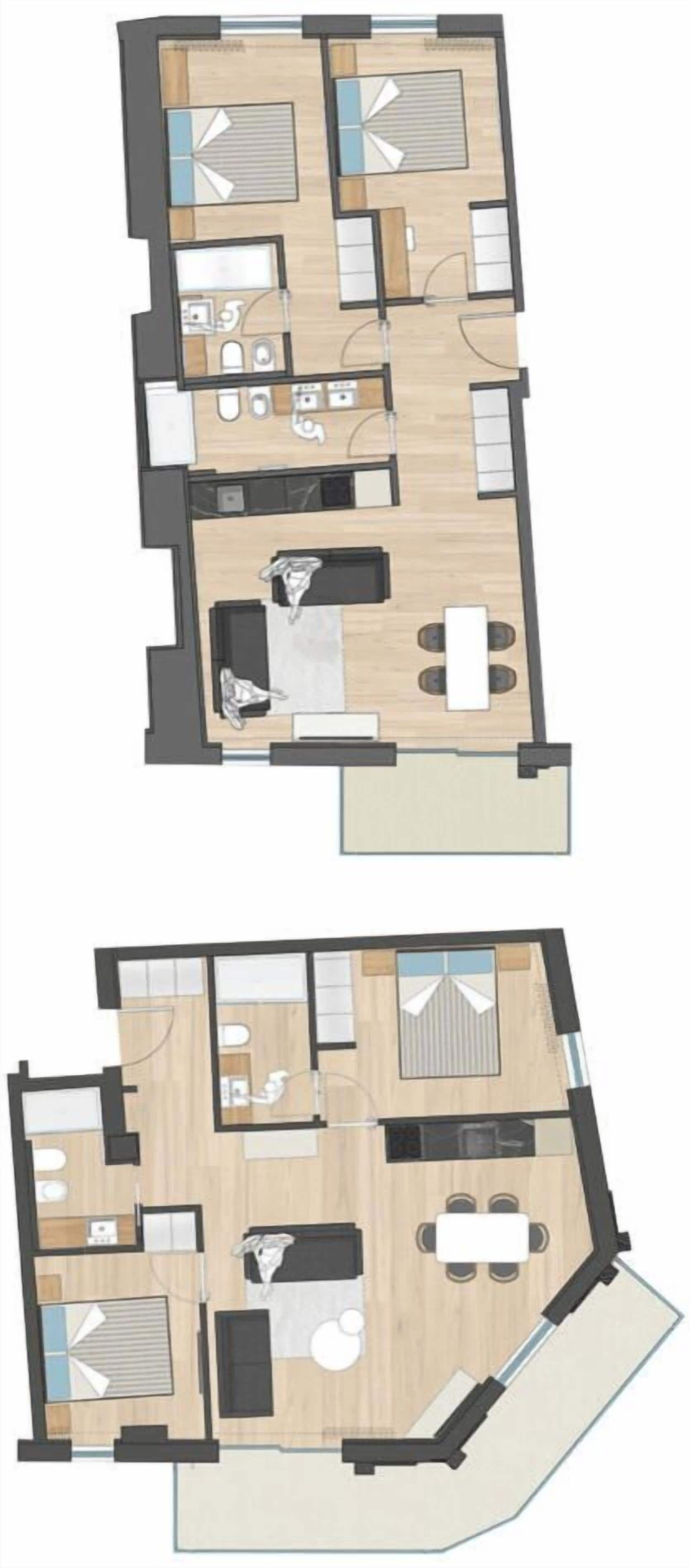 A two-story residential layout with a kitchen, dining area, and two bedrooms.