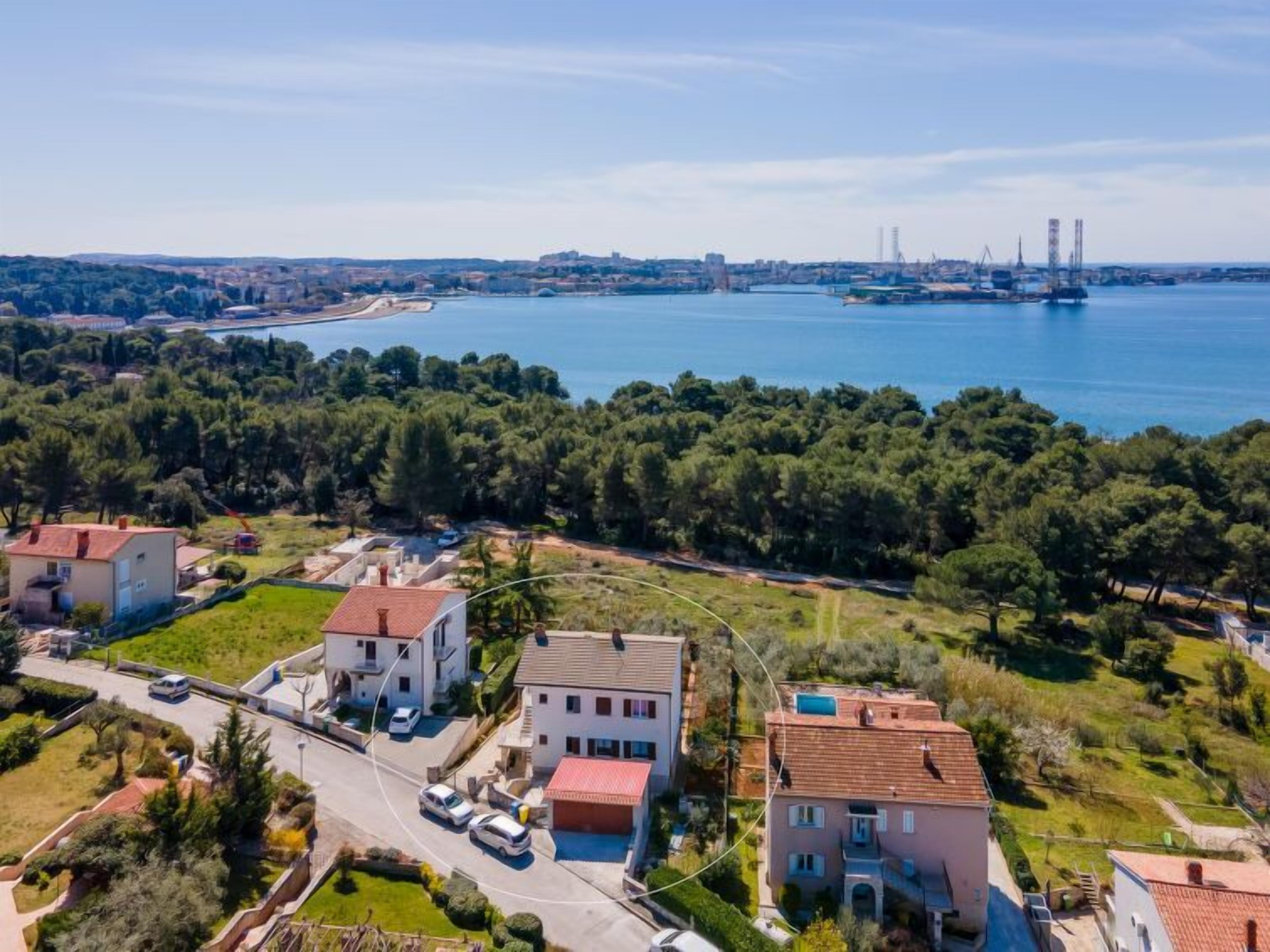 An aerial view of a residential area with houses, a road, and a large body of water with a bridge in the distance.