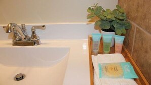 A bathroom with a white sink, two chrome faucets, a potted plant, and toiletries in a wooden tray. - 525 Sprague 6 · Apartment just outside of downtown Kalamazoo (Kalamazoo)