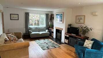 Un salon chaleureux avec un canapé, un fauteuil et un fauteuil bleu. On aperçoit une cheminée, et des plantes en pot sont disposées sur le manteau de la cheminée.