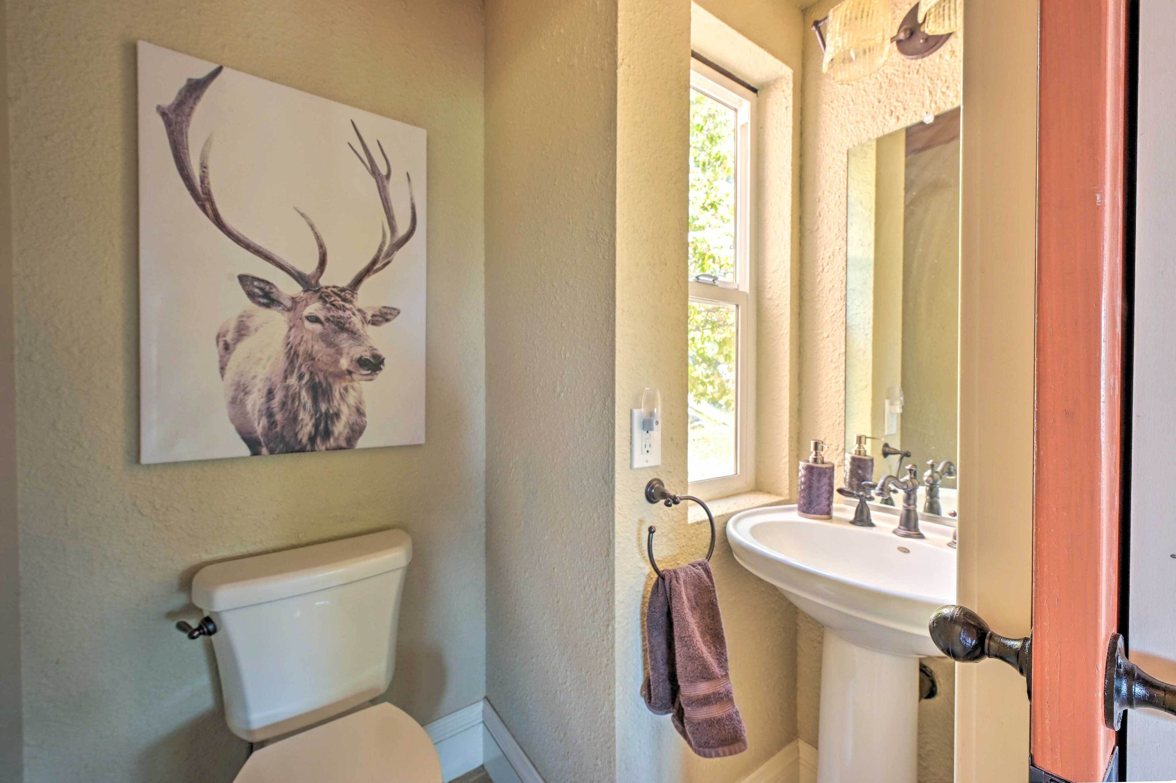 Une salle de bain avec des toilettes, un lavabo et un tableau représentant un cerf.