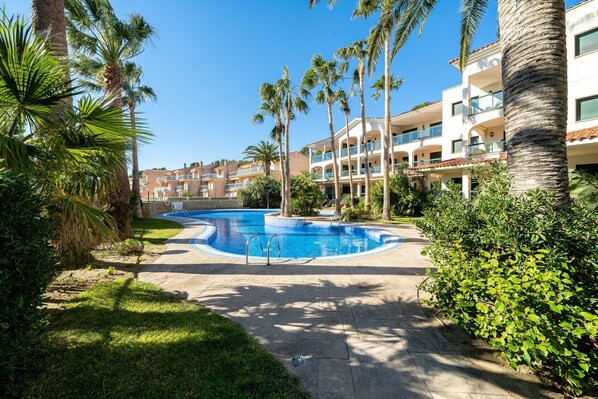 A swimming pool surrounded by palm trees and a multi-story building with balconies.
