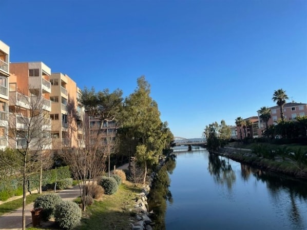 A riverside view with modern apartment buildings, a bridge, and well-maintained greenery.
