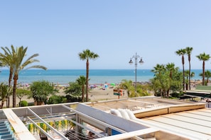 A beach view from a rooftop terrace with palm trees, a beach, and a clear sky.