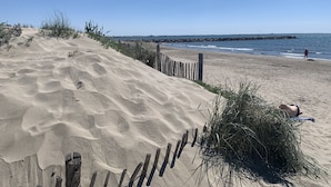 Una playa arenosa con una valla de madera y vegetación.