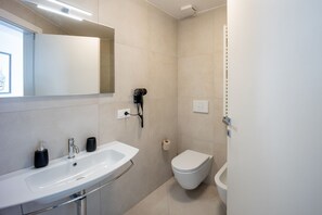 Shower, hair dryer, bidet, towels