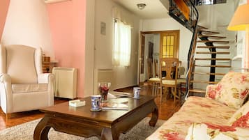Smart TV, fireplace, books