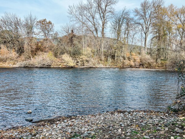 A river with a rocky shore and trees in the background.