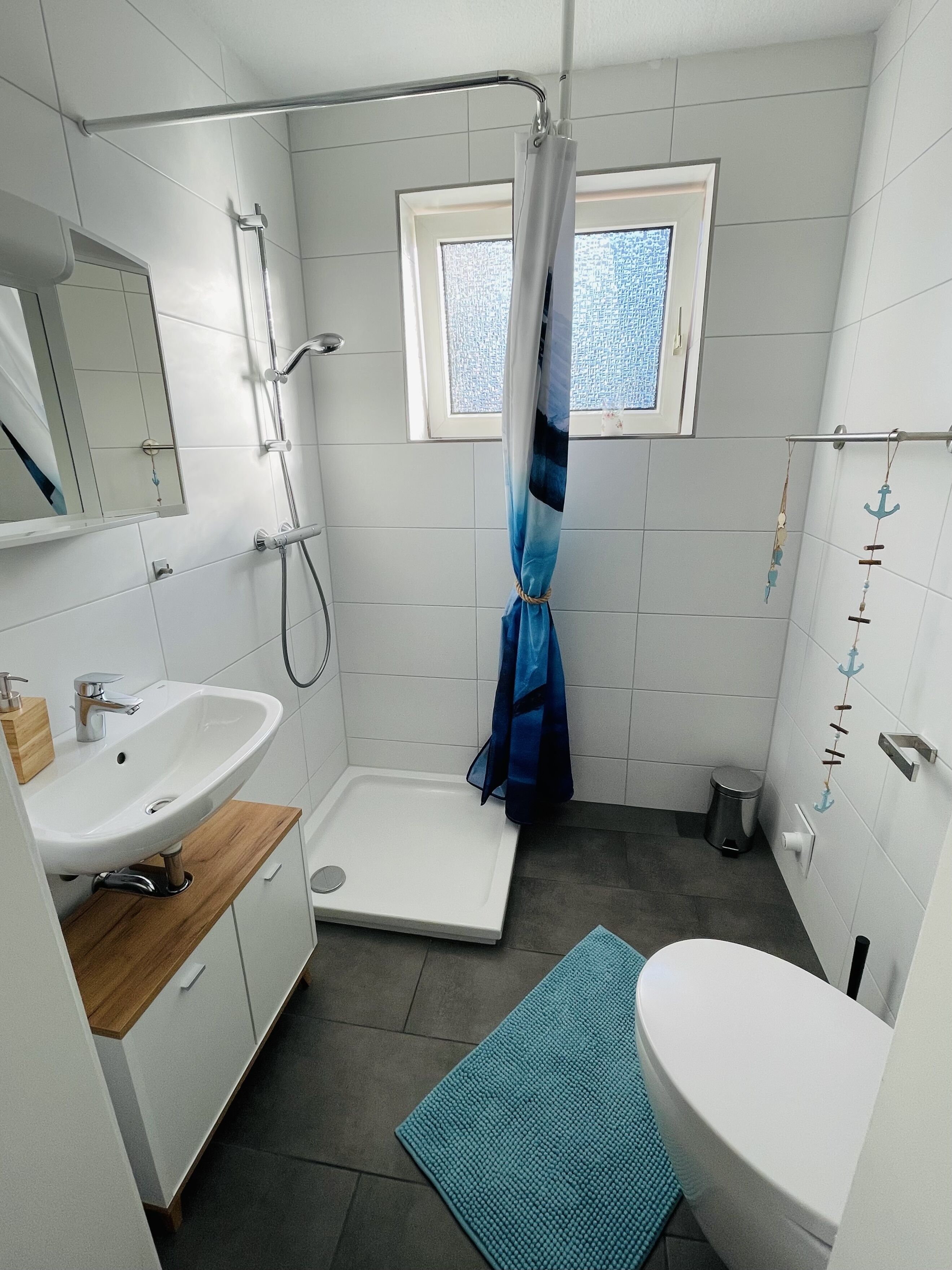 Regadera, toallas, jabón, papel de baño 