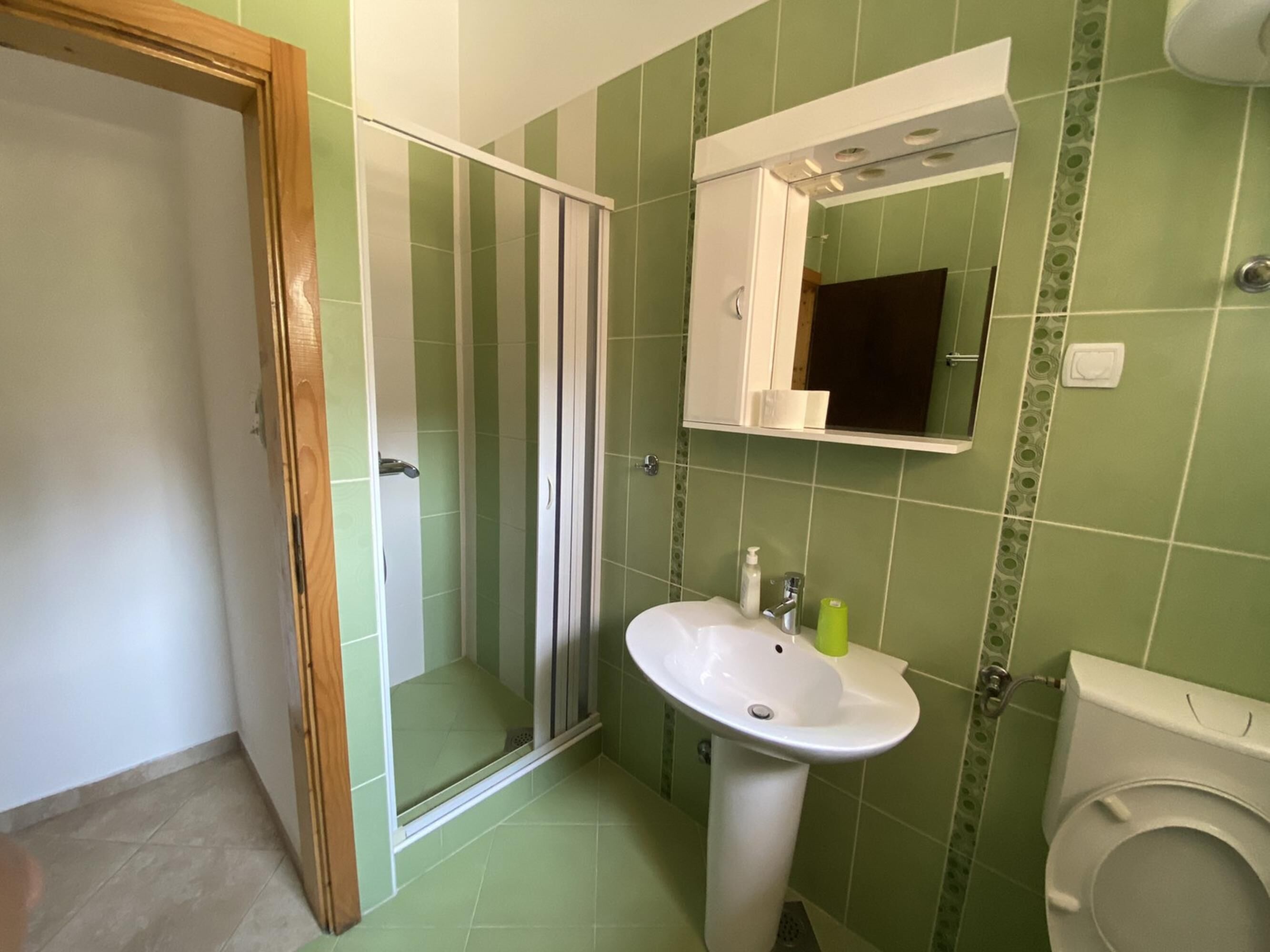 Un baño con ducha, lavabo e inodoro.