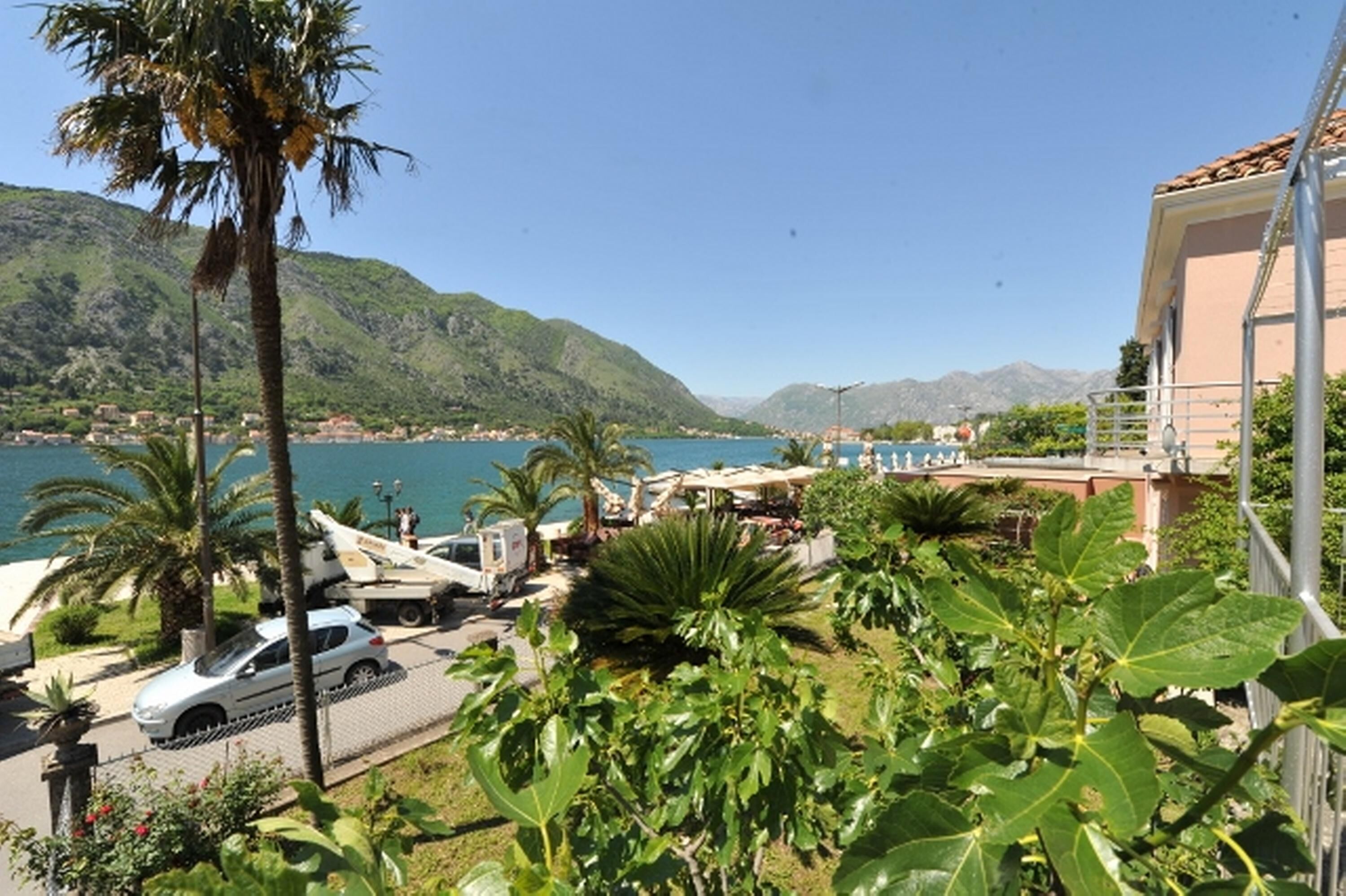 A coastal view with a parked car, palm trees, and a building with a balcony overlooking the sea.