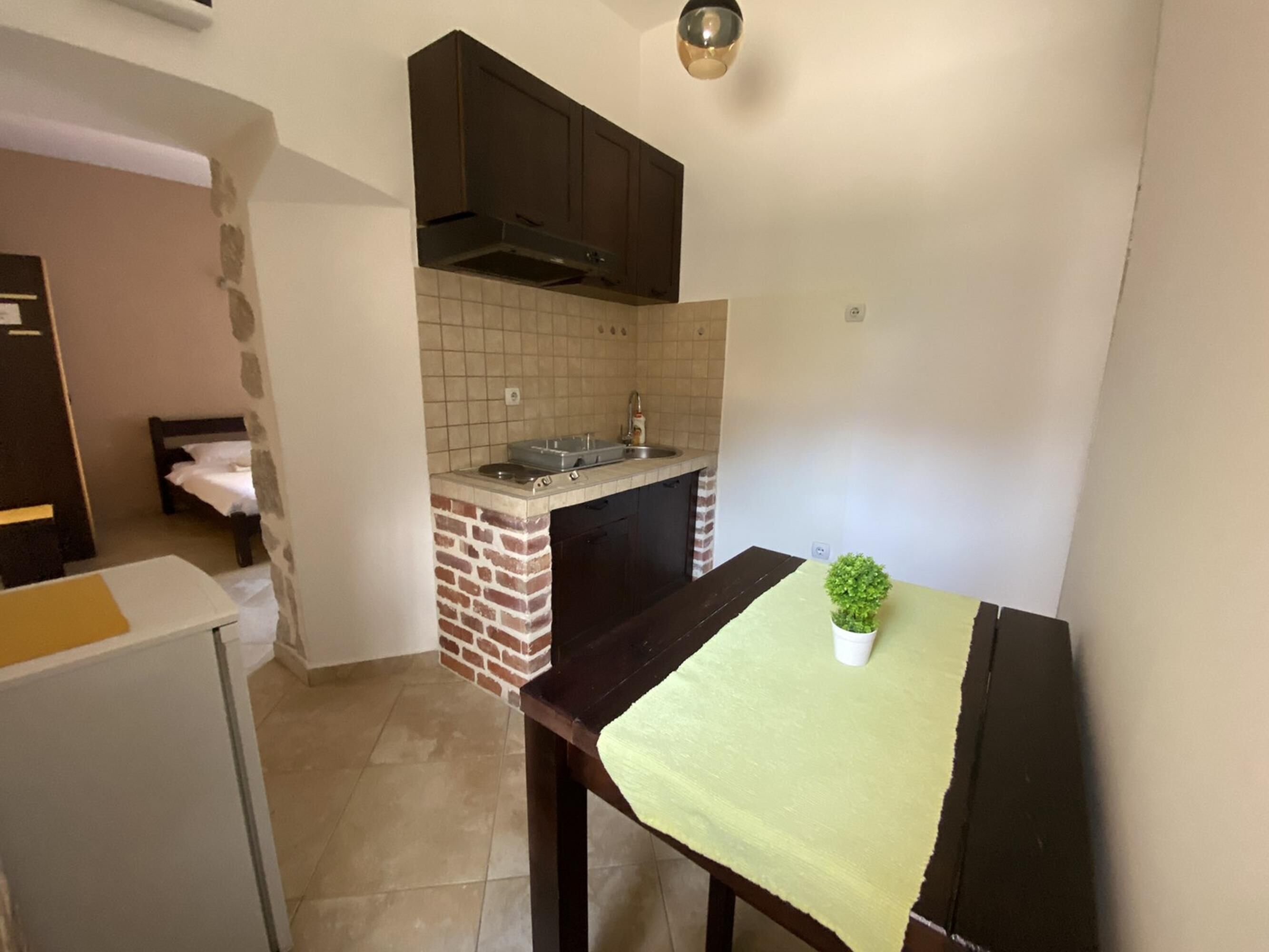 A compact kitchen with a brick accent wall, a small sink, and a dining area with a table and a potted plant.