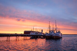 Un puerto al atardecer con varios barcos pesqueros amarrados.