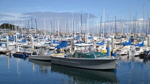 Un puerto deportivo con numerosas embarcaciones amarradas, agua tranquila y cielo despejado.