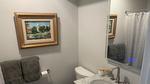 Une salle de bain avec des toilettes, un lavabo et un tableau encadré accroché au mur.