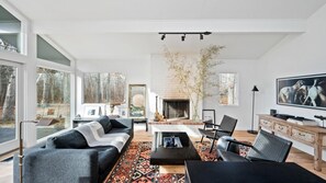 House, Multiple Beds (Old Stone Chalet) | Living room | TV, fireplace, stereo - Old Stone Chalet (East Hampton)