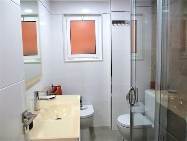 Shower, hair dryer, towels