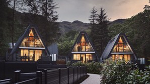 A modern, triangular-roofed cabin with a visible interior, surrounded by dense forest and a gravel path. - Ardlui Retreat (Arrochar)