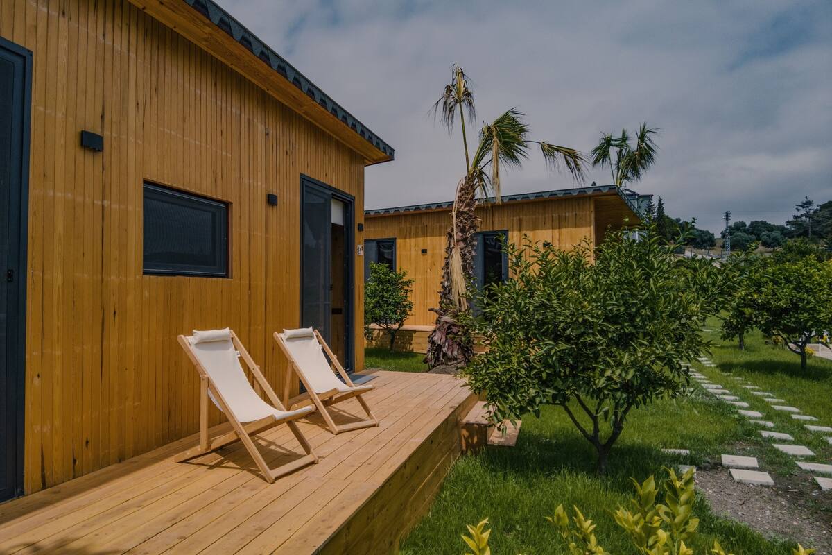 Een houten gebouw met twee lounge stoelen op een terras, omringd door groen en palmbomen.