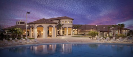 A heated pool, pool loungers