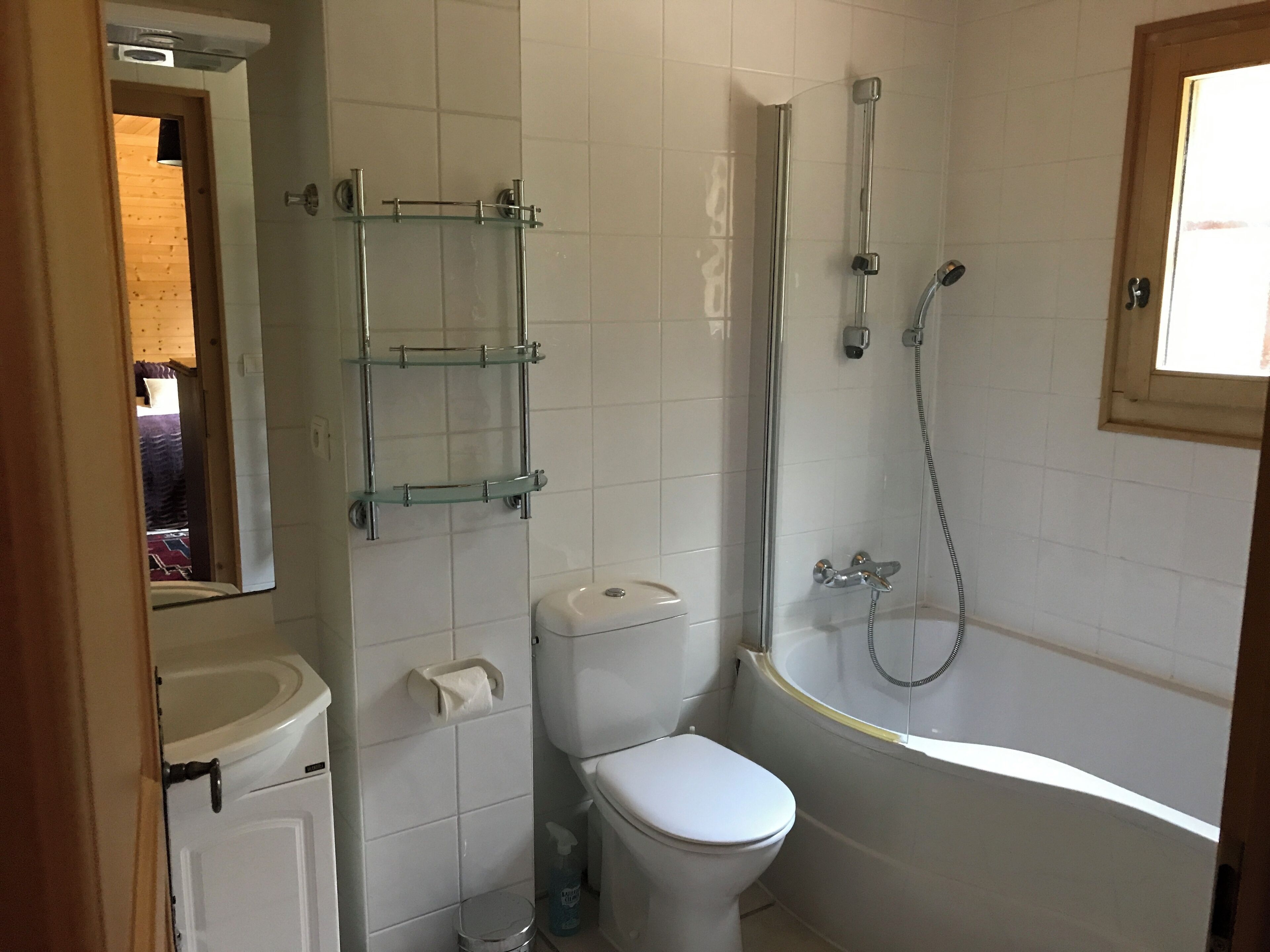 A bathroom with a toilet, a glass shelf, a shower, and a sink.