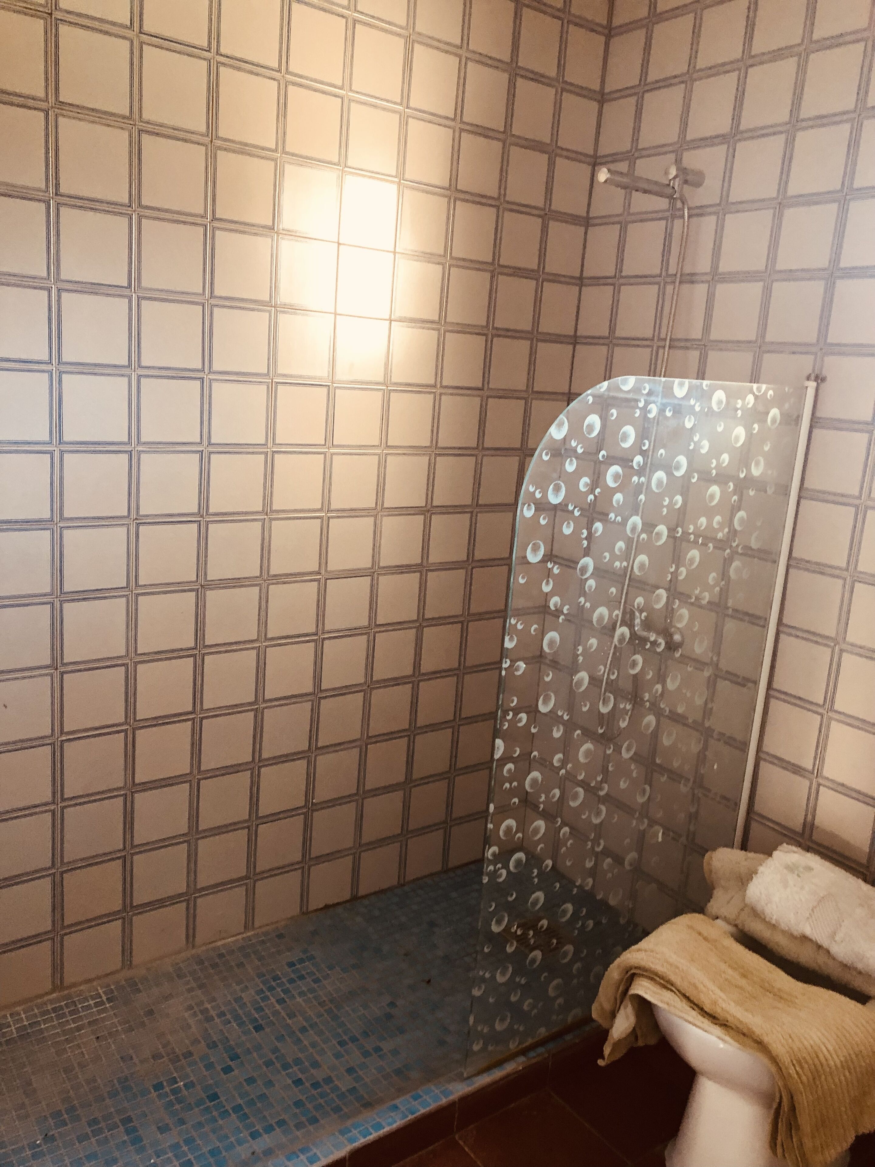 Une douche avec une porte en verre et un mur carrelé.