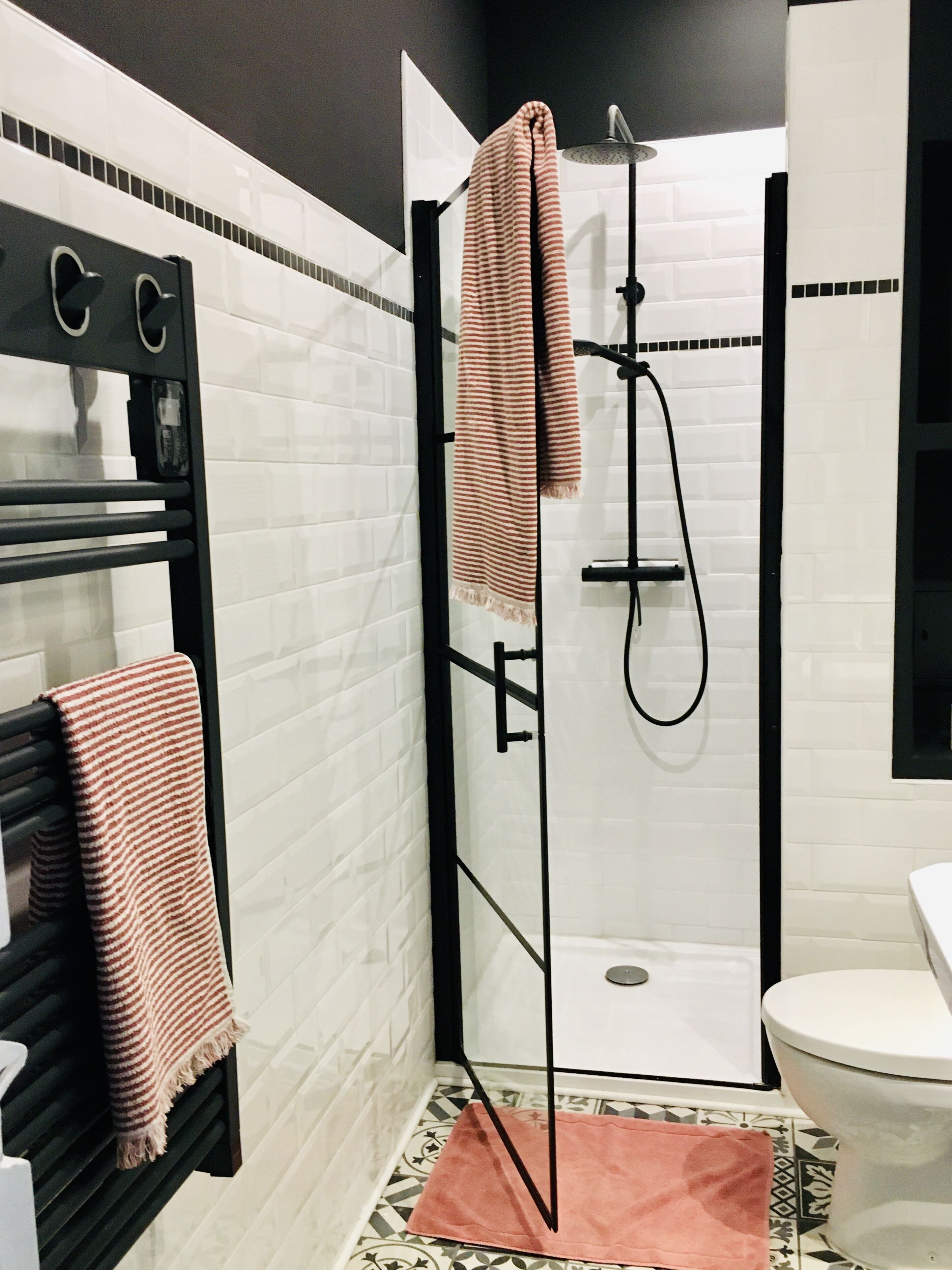 Une salle de bain moderne avec une douche à parois de verre, un porte-serviettes noir et des toilettes blanches.
