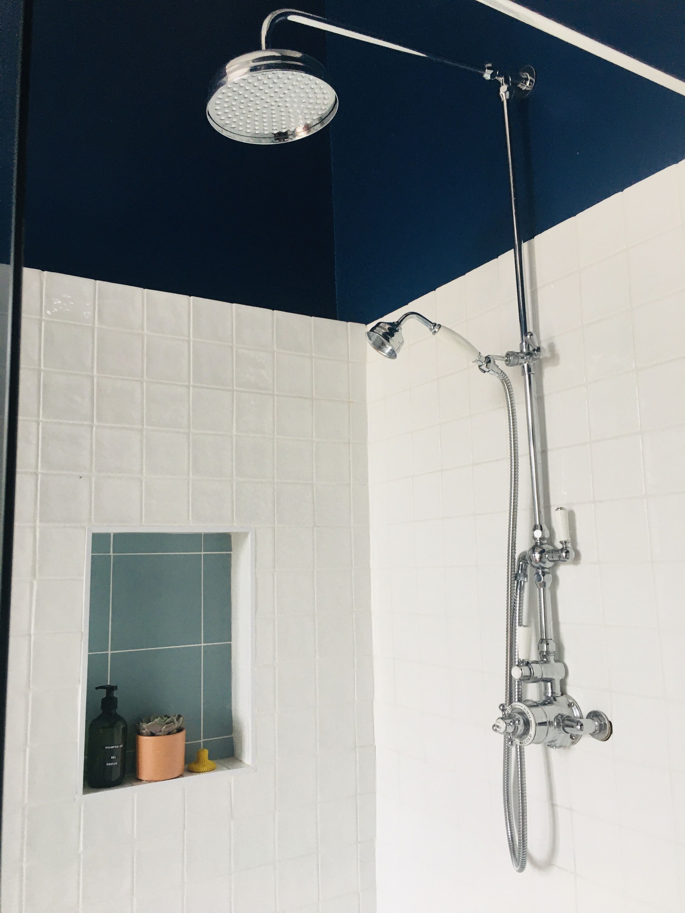 Ein Badezimmer mit Dusche, einem kleinen Fenster mit Blick und einem Ablagefach für Toilettenartikel.